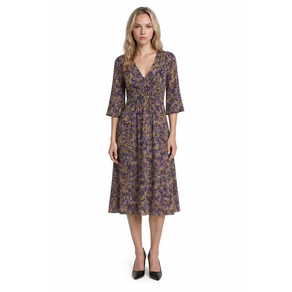 Boden Jersey Midi Dress Women's Size 2 R Purple Yellow Abstract Bell Sleeve